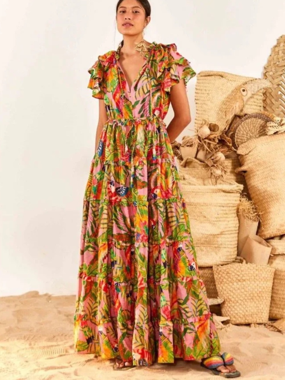 FARM Rio Macaw Leaves Tropical Tiered Maxi Dress - Picture 2 of 11